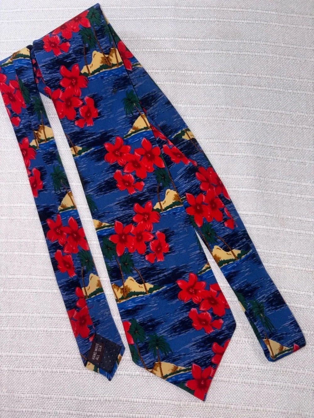 Museum Artifacts Necktie Blue Hawaiian Tropical Floral Palm Silk